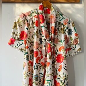 Kate Spade New York Floral Blouse XS | Ivory Multicolor Short Sleeve Top